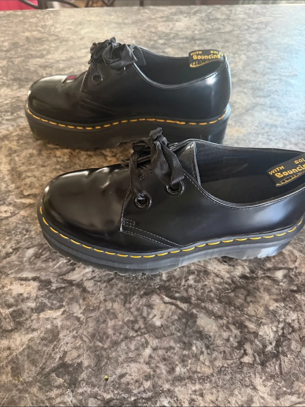 Dr. Martens Black Leather Oxford Shoes with Yellow Stitching
